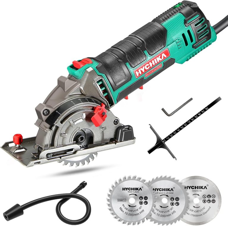 HYCHIKA 500W Mini Scie Circulaire, 4500RPM, Profondeur de coupe 0-25mm, Moteur en Cuivre Pur, 3 Lames