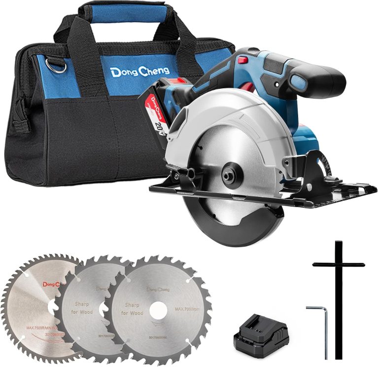 Dong Cheng Scie Circulaire Sans Fil 165mm, moteur sans balais 5000 tr/min, batterie 4Ah et 3 lames incluses
