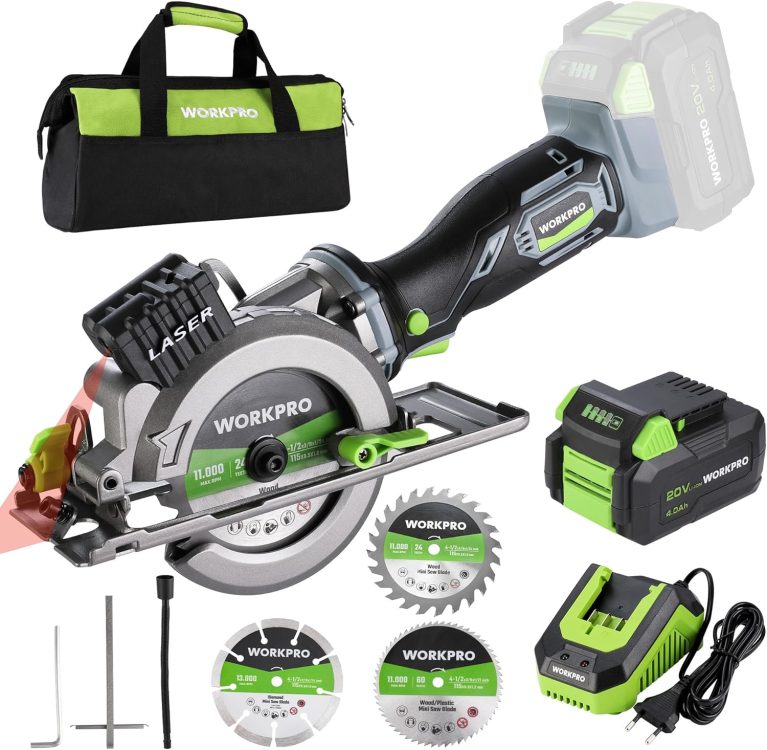 WORKPRO Mini Scie Circulaire Sans Fil 20 V avec Batterie 4,0 Ah, Rail de Guidage, Laser, 3 Lames